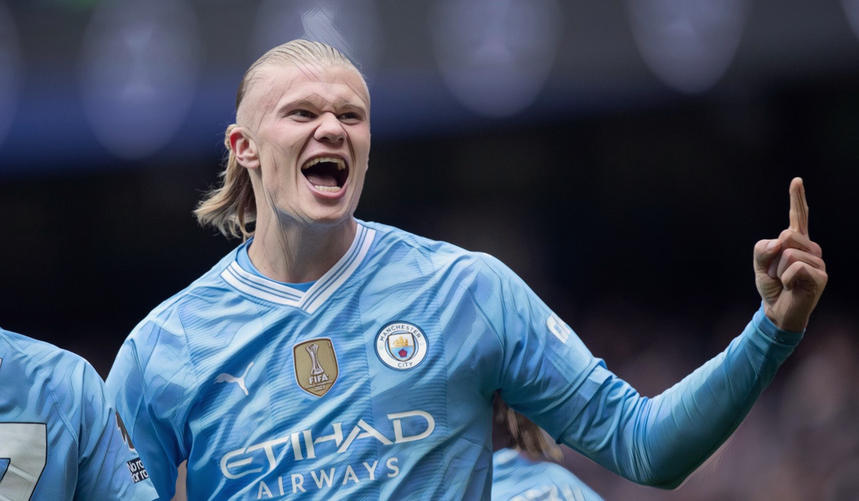 Erling Haaland of Manchester City celebrates scoring his team's first goal during the Premier League match between Manchester City and Everton FC at Etihad Stadium on February 10, 2024