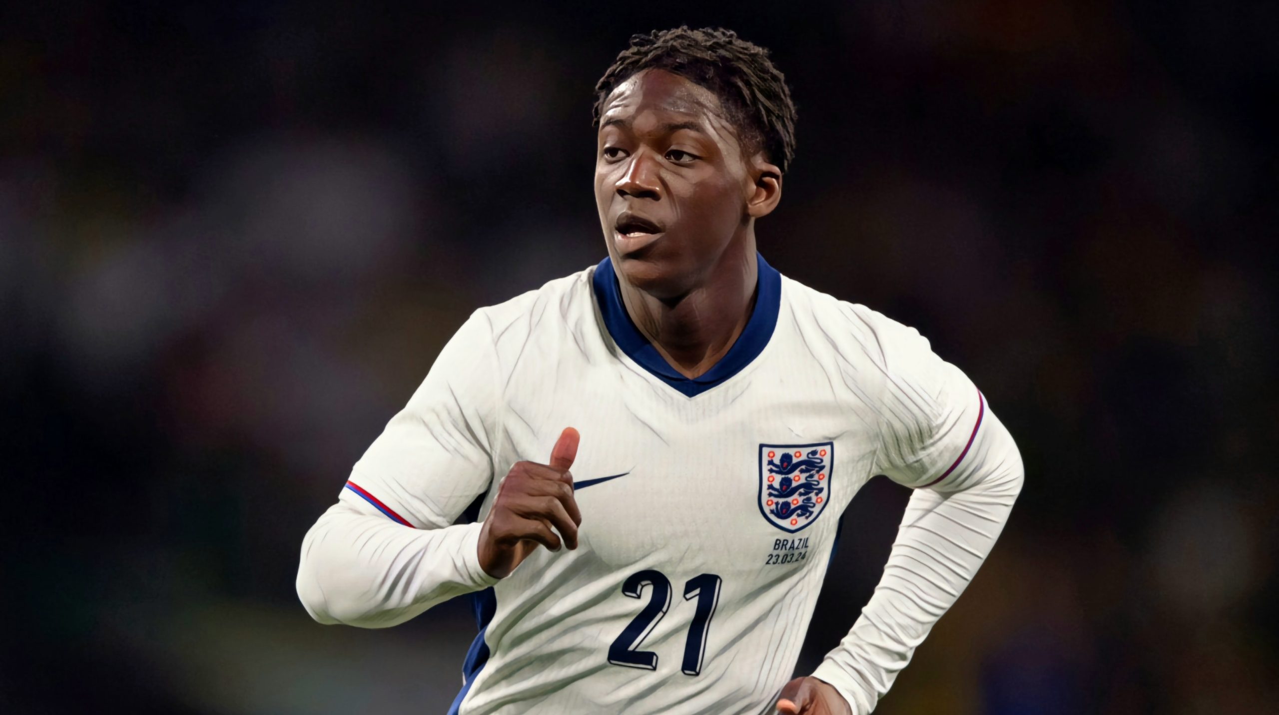 Kobbie Mainoo of England during the international friendly match between England and Brazil at Wembley Stadium on March 23, 2024 in London, England.