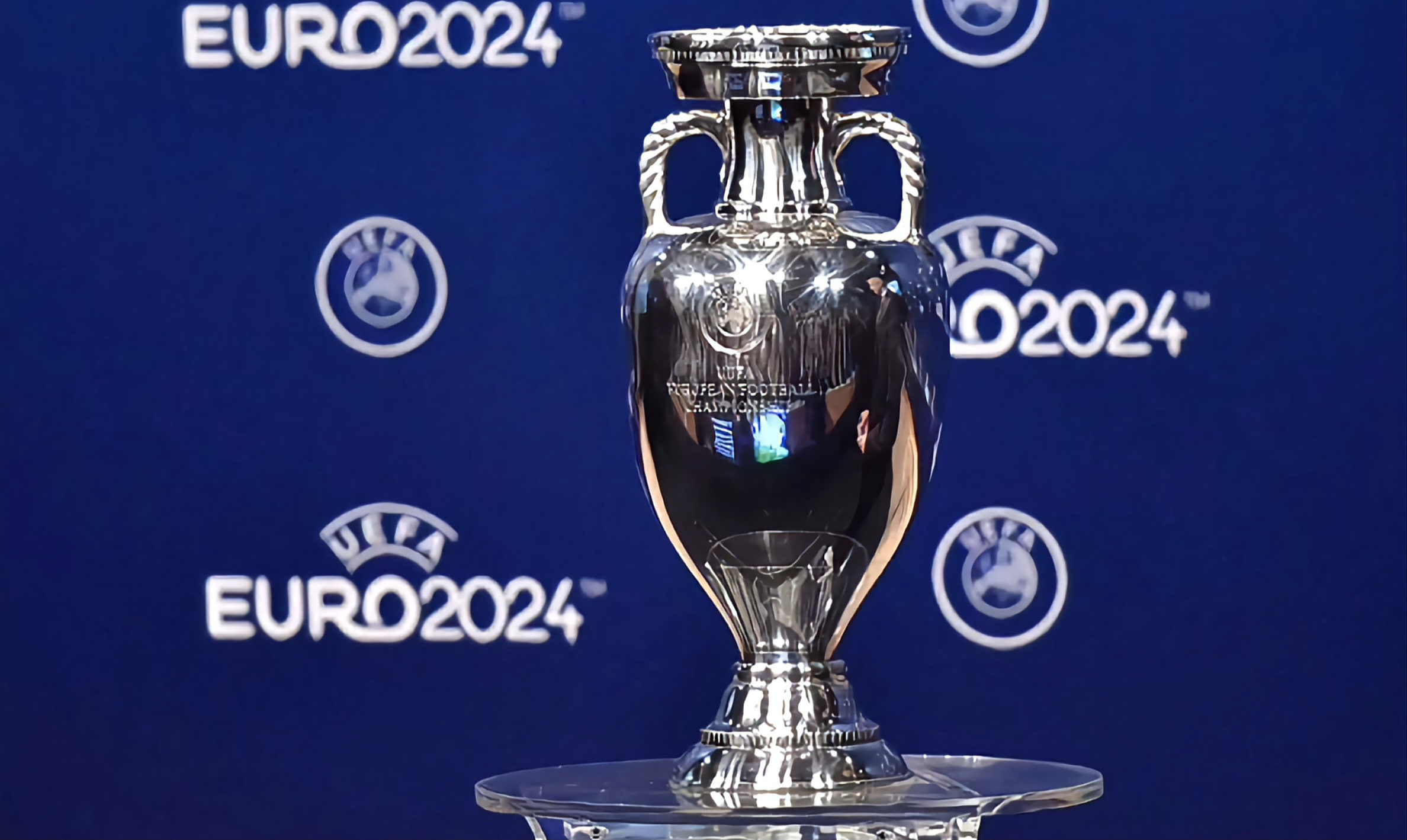 the UEFA Euro trophy on display few moments before the announcement of the elected country which will host the Euro 2024 fooball tournament during a ceremony at the headquarters of the European football's governing body in Nyon.