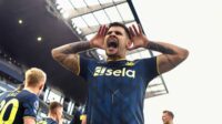 Bruno Guimaraes of Newcastle United celebrates scoring his team's first goal during the Premier League match between Fulham FC and Newcastle United at Craven Cottage on April 06, 2024.