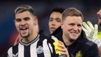 Newcastle United manager Eddie Howe celebrates with Bruno Guimaraes after the Premier League match between Aston Villa and Newcastle United at Villa Park on January 30, 2024