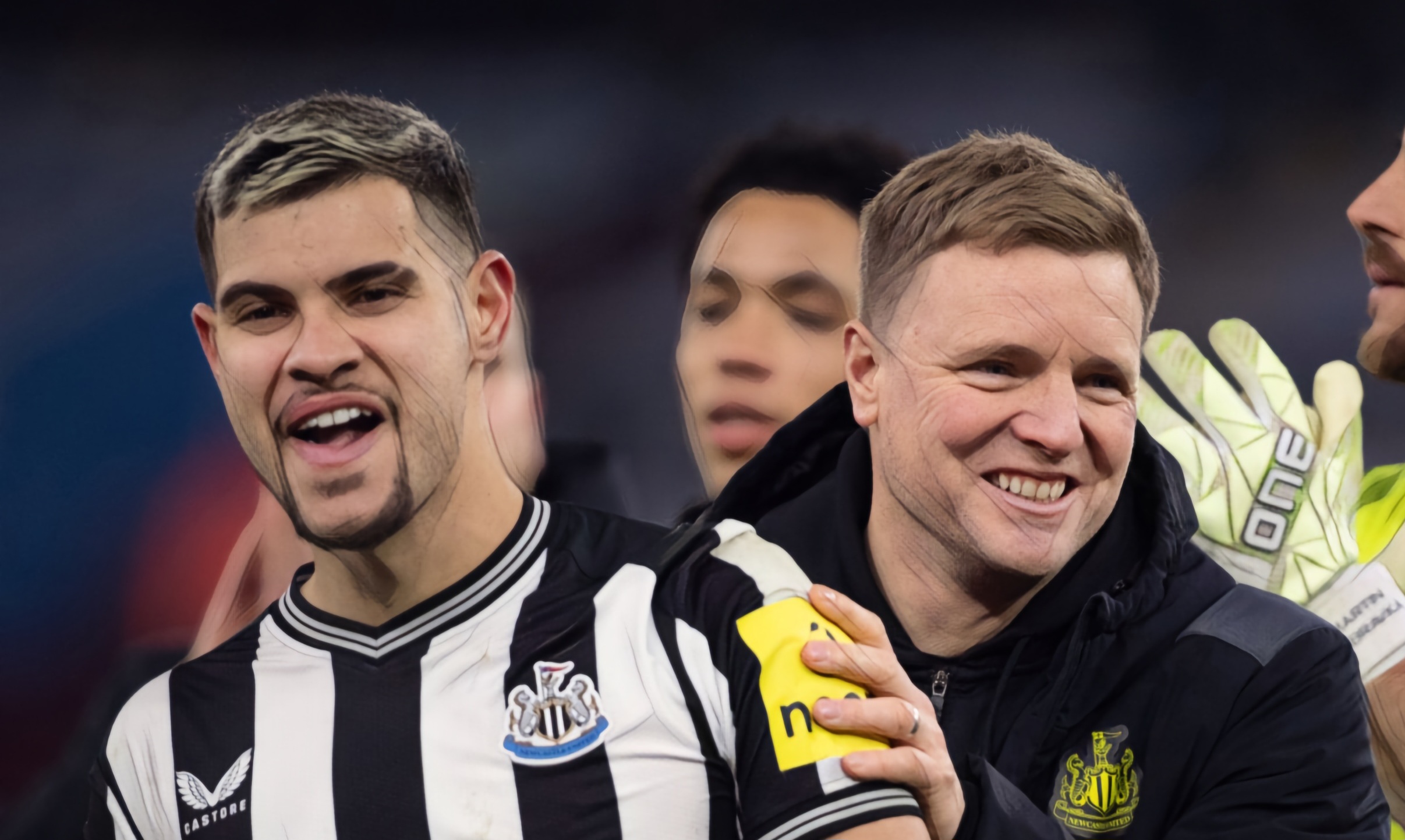 Newcastle United manager Eddie Howe celebrates with Bruno Guimaraes after the Premier League match between Aston Villa and Newcastle United at Villa Park on January 30, 2024