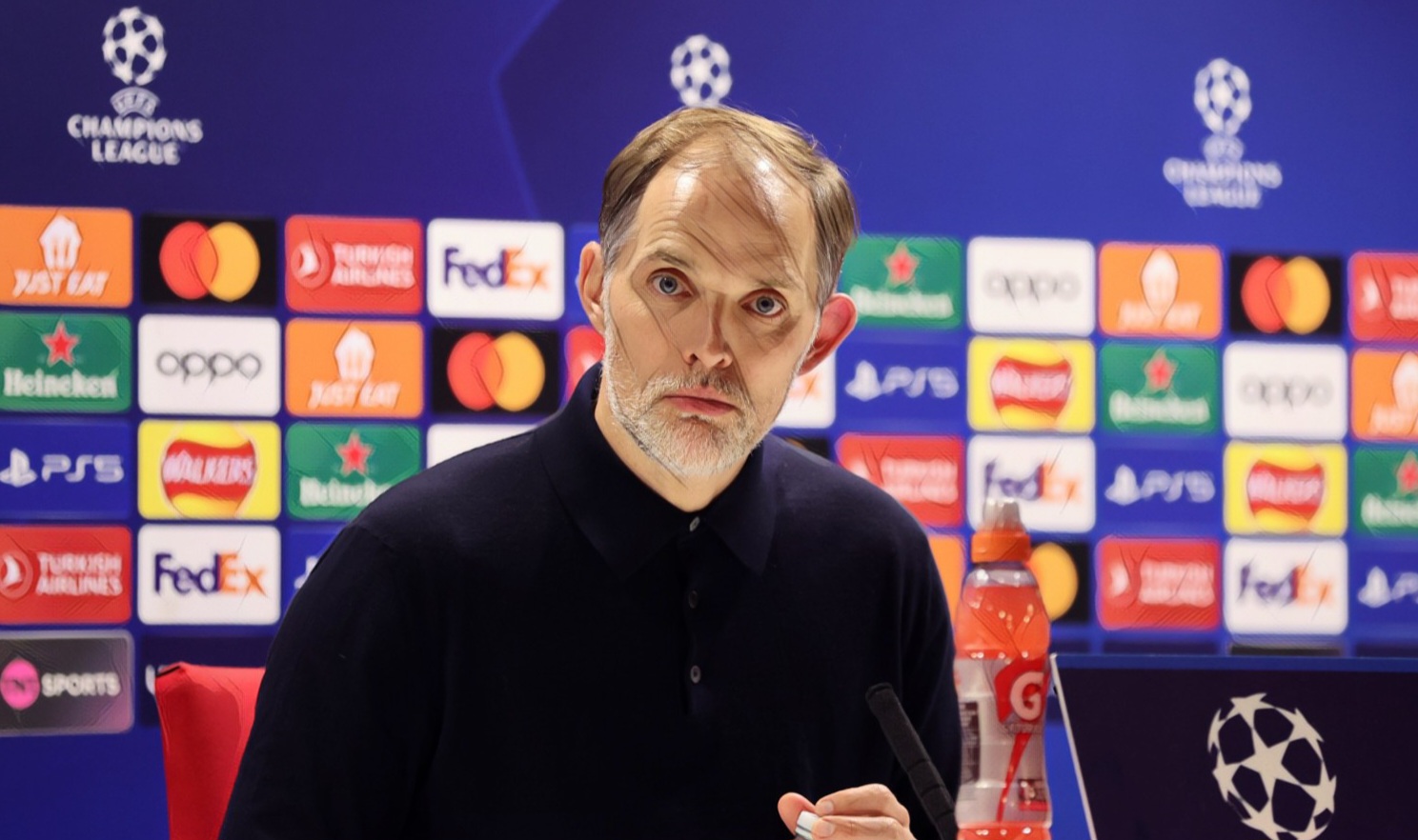 Thomas Tuchel, Head Coach of Bayern Munich is interviewed following the UEFA Champions League quarter-final first leg match between Arsenal FC and FC Bayern München at Emirates Stadium on April 09, 2024