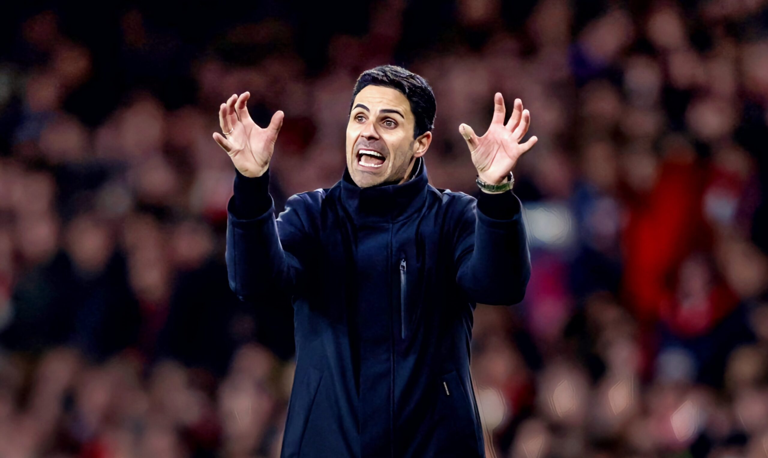 Arsenal manager Mikel Arteta reacts during the UEFA Champions League quarter final first-leg football match between Arsenal and Bayern Munich at the Arsenal Stadium, in north London, on April 9, 2024.