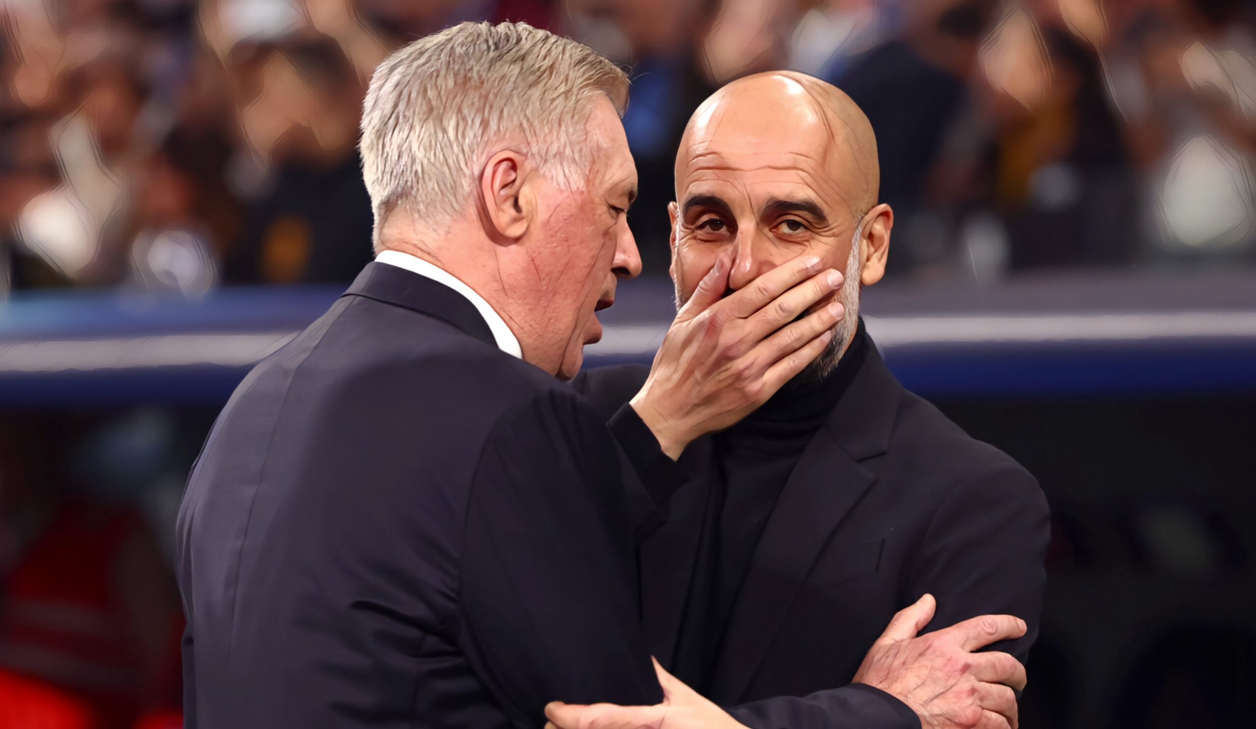 Real Madrid Manager Carlo Ancelotti greets Man City Manager Josep Guardiola prior to the UEFA Champions League quarter-final first leg match between Real Madrid CF and Manchester City at Estadio Santiago Bernabeu on April 9, 2024 in Madrid, Spain
