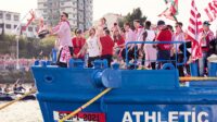 Unai Simon of Athletic Club celebrate their copa del rey trophy winners tittle in the traditional trophy parade with the “Gabarra” in the Bilbao estuary on April 11, 2024 in Bilbao, Spain.