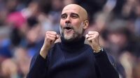 Pep Guardiola, Manager of Man City, celebrates after Erling Haaland of Manchester City (not pictured) scores his team's second goal during the Premier League match between Manchester City and Everton FC at Etihad Stadium on February 10, 2024