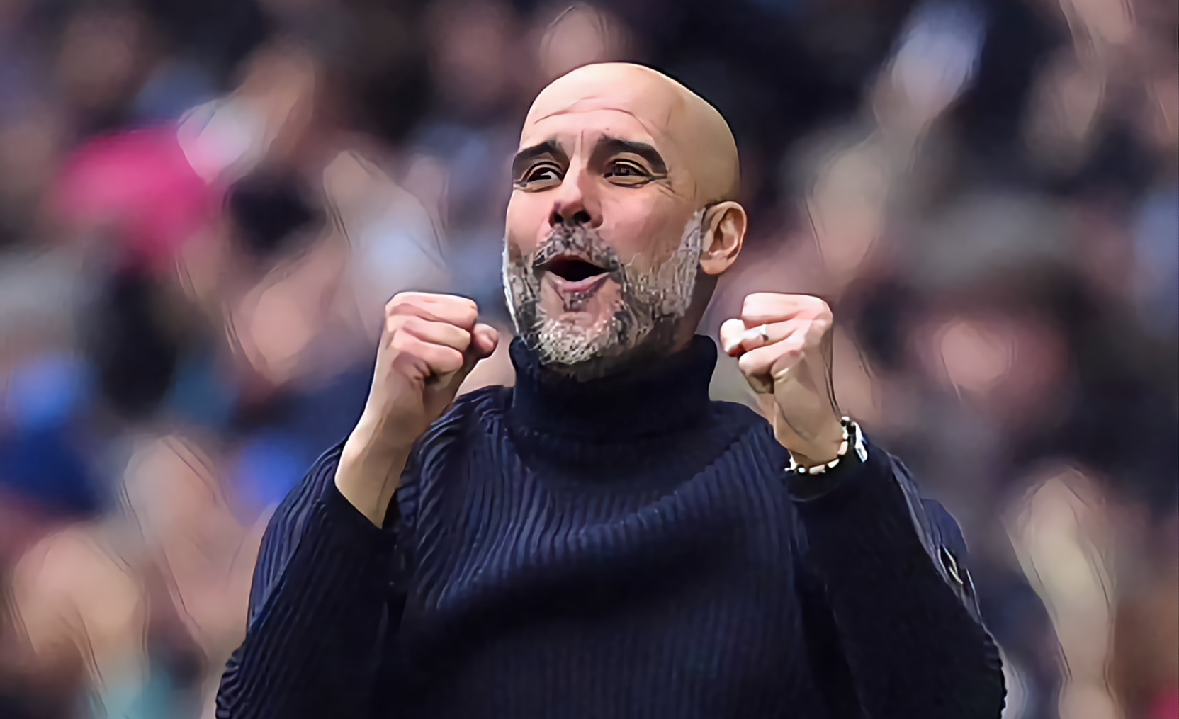 Pep Guardiola, Manager of Man City, celebrates after Erling Haaland of Manchester City (not pictured) scores his team's second goal during the Premier League match between Manchester City and Everton FC at Etihad Stadium on February 10, 2024