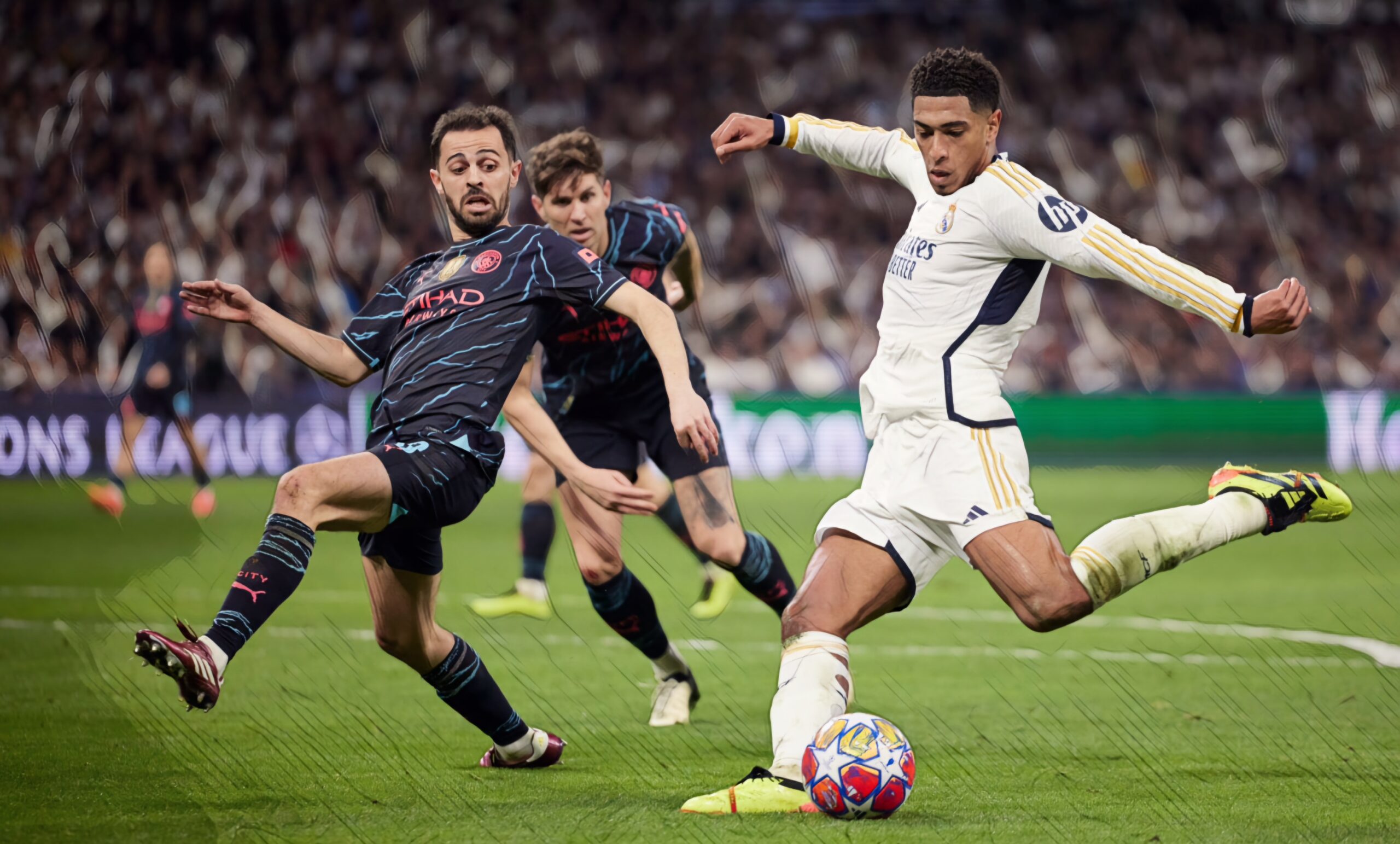 Jude Bellingham of Real Madrid CF and Bernardo Silva of Manchester City battle for the ball during the UEFA Champions League quarter-final first leg match between Real Madrid CF and Manchester City at Estadio Santiago Bernabeu on April 9, 2024 in Madrid, Spain