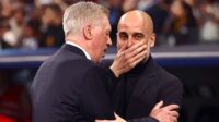 Real Madrid Manager Carlo Ancelotti greets Man City Manager Josep Guardiola prior to the UEFA Champions League quarter-final first leg match between Real Madrid CF and Manchester City at Estadio Santiago Bernabeu on April 9, 2024 in Madrid, Spain