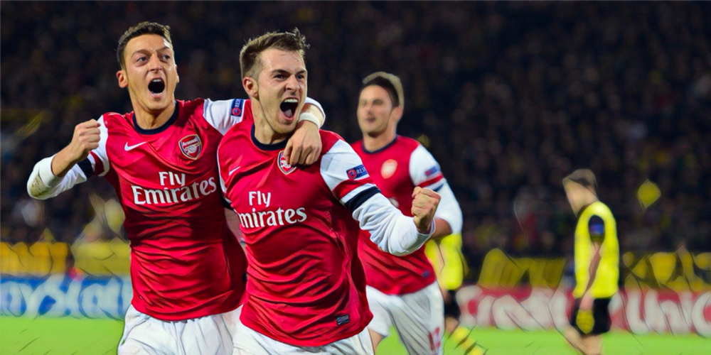 Five of Arsenal's best wins against German clubs. Aaron Ramsey celebrates a goal against Borussia Dortmund.