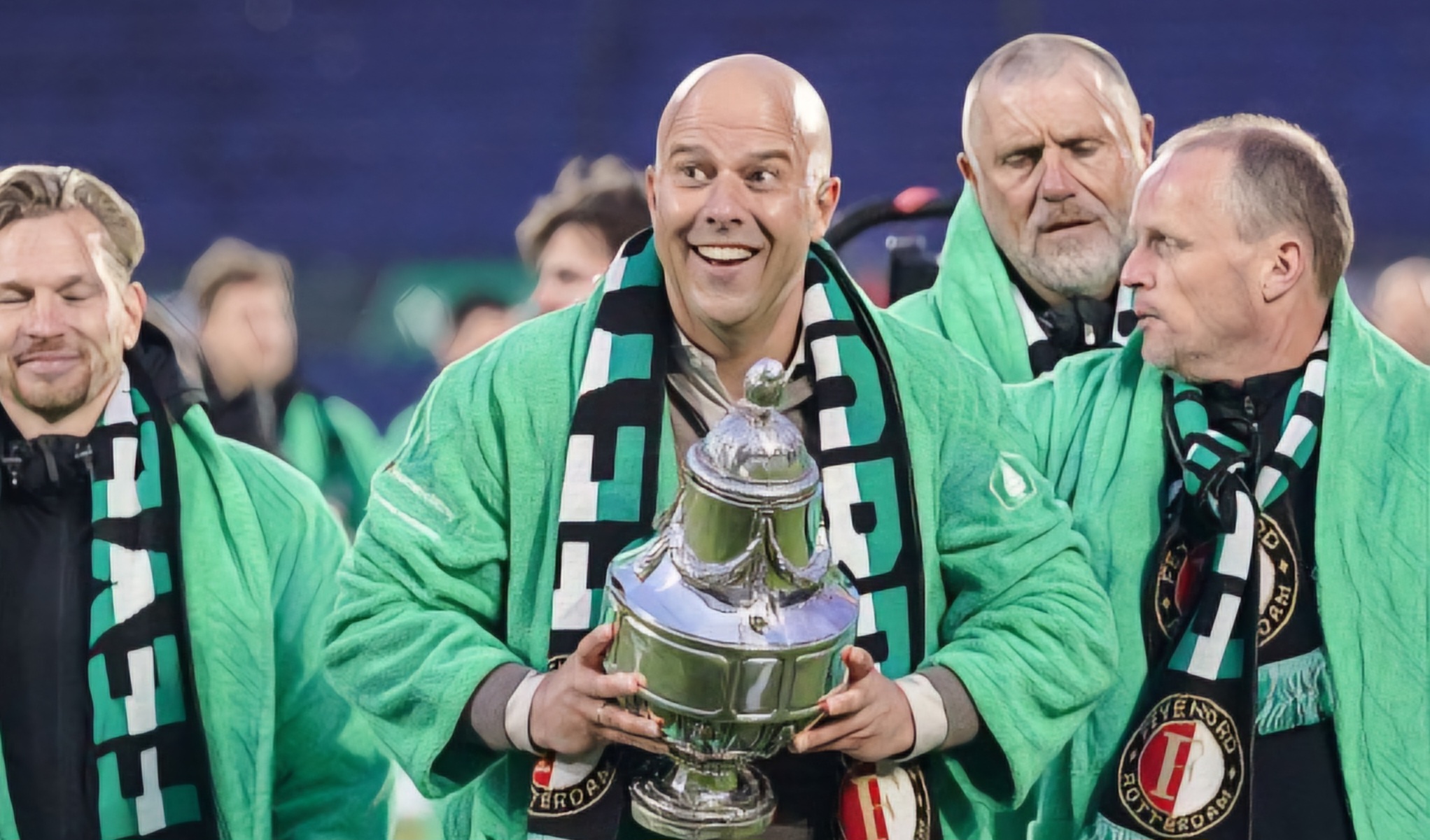 Arne Slot, the next Liverpool manager, celebrates winning the KNVB Cup with Feyenoord.