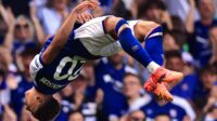 Chelsea player Omari Hutchinson, on loan at Ipswich Town, celebrates scoring their second goal during the Sky Bet Championship match between Ipswich Town and Huddersfield Town at Portman Road on May 04, 2024 in Ipswich, England.