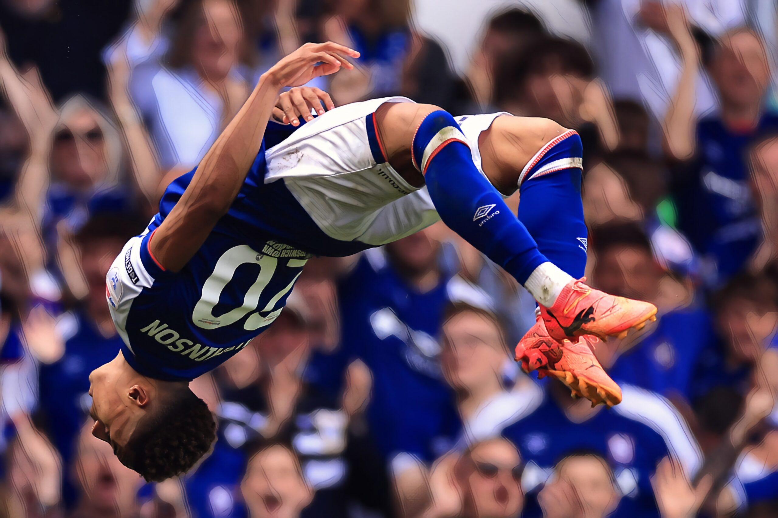 Chelsea player Omari Hutchinson, on loan at Ipswich Town, celebrates scoring their second goal during the Sky Bet Championship match between Ipswich Town and Huddersfield Town at Portman Road on May 04, 2024 in Ipswich, England.