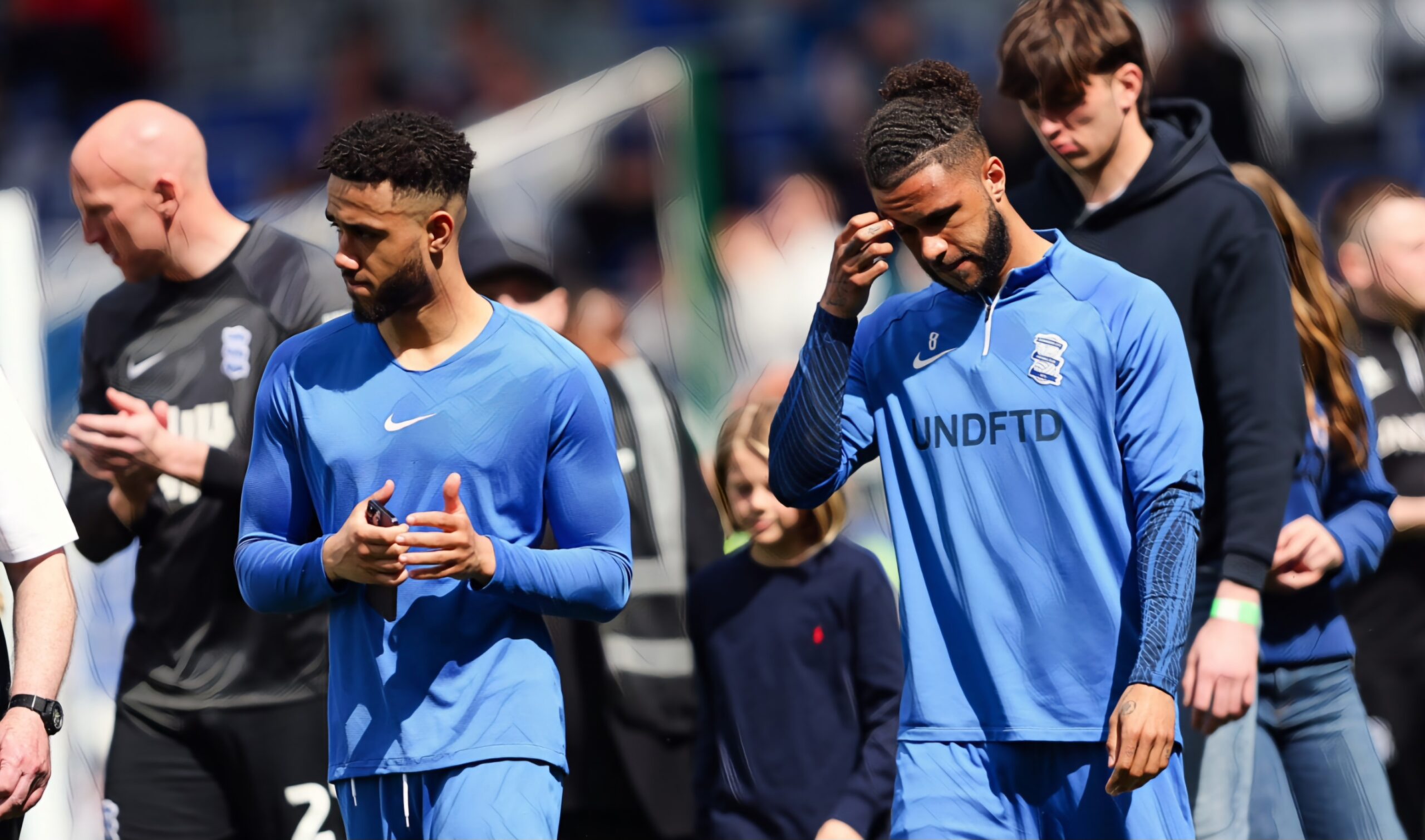 Birmingham City players George Hall and Tyler Roberts are looking dejected after the Sky Bet Championship match between Birmingham City and Norwich City at St Andrews in Birmingham, on May 4, 2024, which saw the club get relegated to League One.