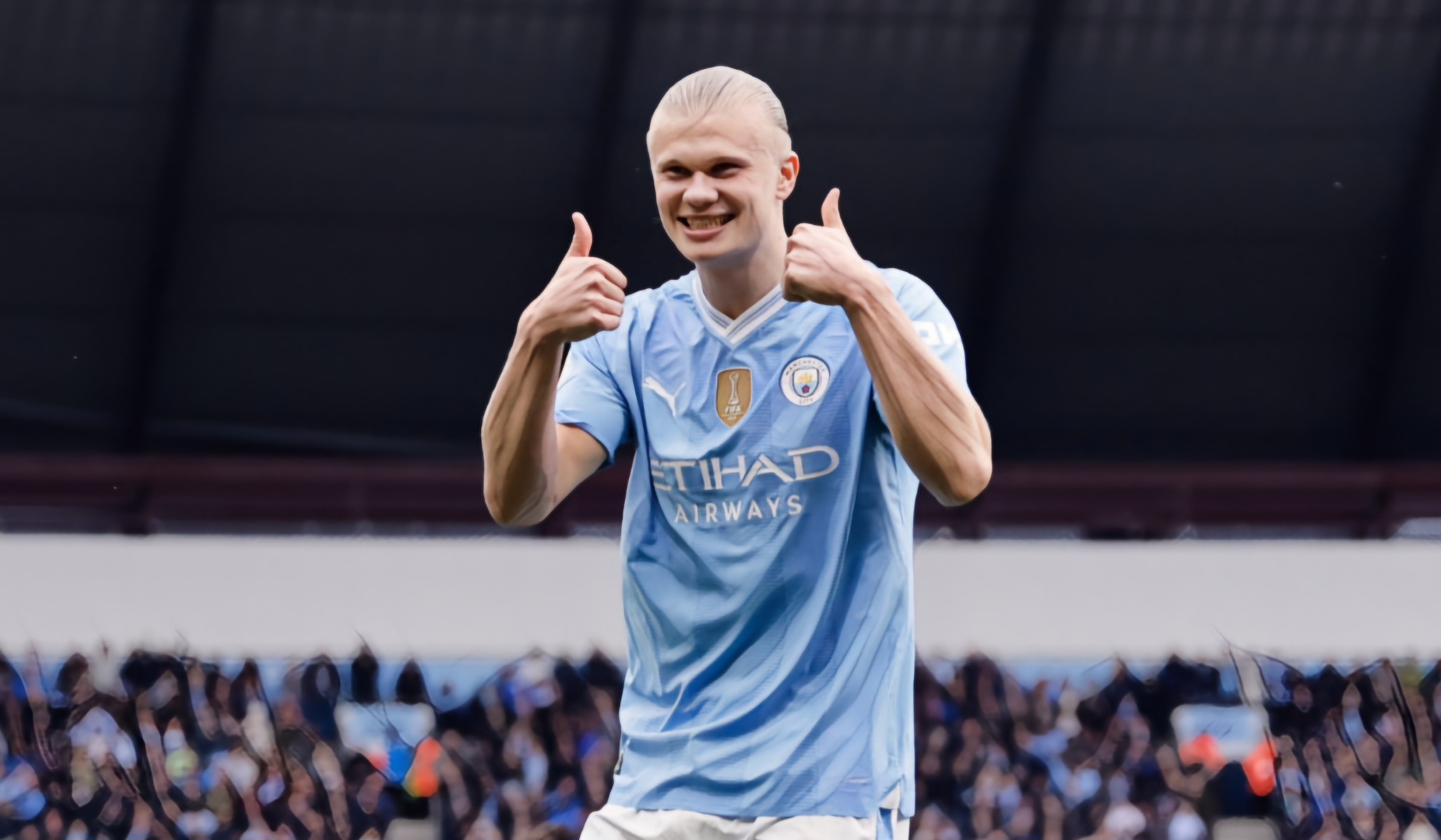 Erling Haaland of Manchester City celebrates after scoring a goal to make it 1-0 during the Premier League match between Man City and Wolverhampton Wanderers at Etihad Stadium on May 4, 2024 in Manchester, England.