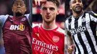 Aston Villa winger Leon Bailey, Arsenal midfielder Declan Rice, and Newcastle United striker Callum Wilson in Premier League action.