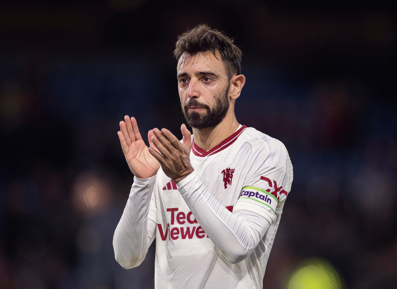 Manchester United midfielder Bruno Fernandes applauds the fans after the Premier League game against Burnley in September 2023.