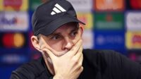 Thomas Tuchel, Head Coach of Bayern Munich, speaks to the media during a press conference at Old Trafford on December 11, 2023 in Manchester, England.