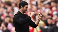 Mikel Arteta, Manager of Arsenal, celebrates his team's first goal scored by Bukayo Saka of Arsenal (not pictured) from a penalty kick during the Premier League match between Arsenal FC and AFC Bournemouth at Emirates Stadium on May 04, 2024 in London, England.