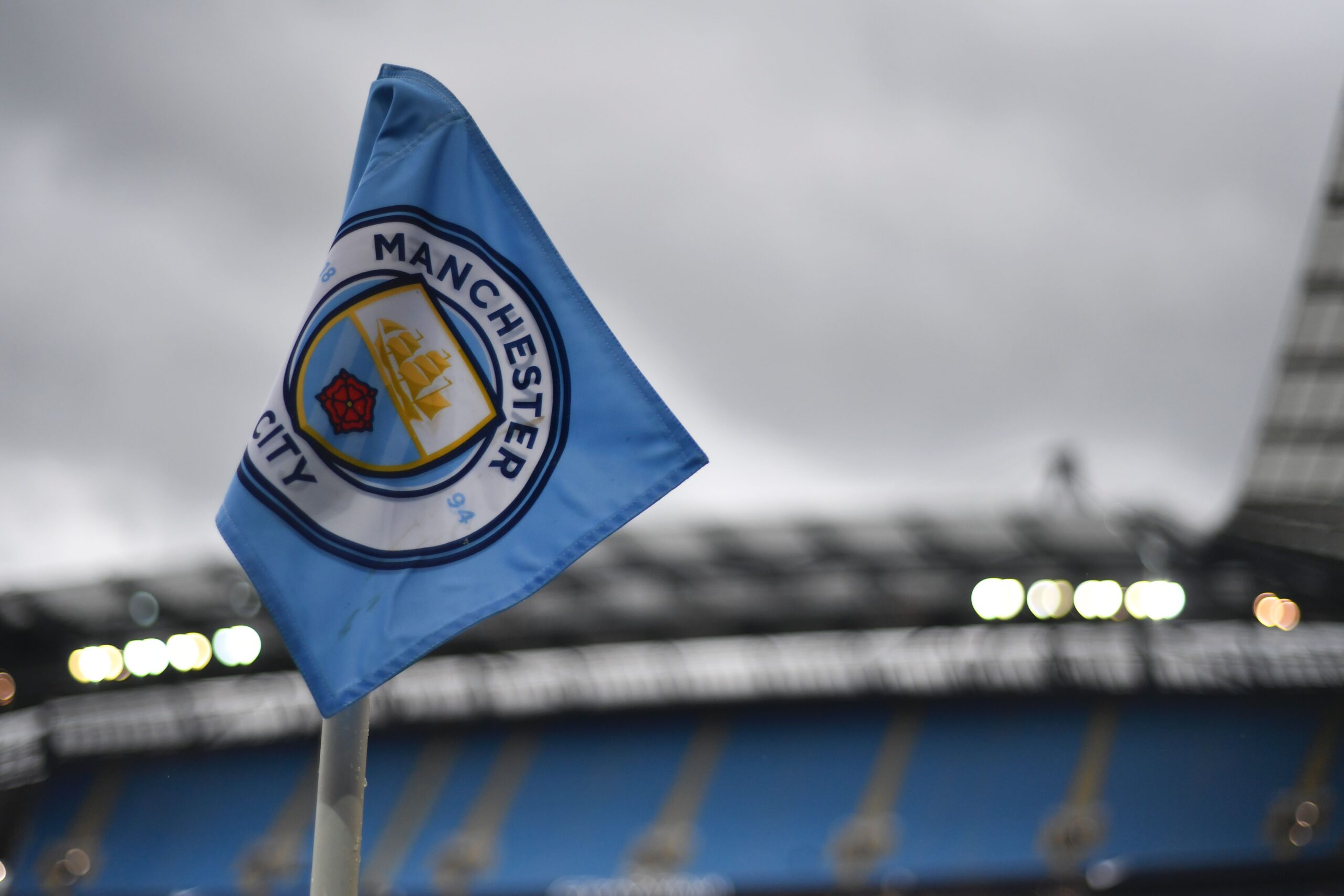 A corner flag is seen ahead of the English Premier League football match between Man City and West Bromwich Albion at the Etihad Stadium in Manchester, north west England, on May 16, 2017.