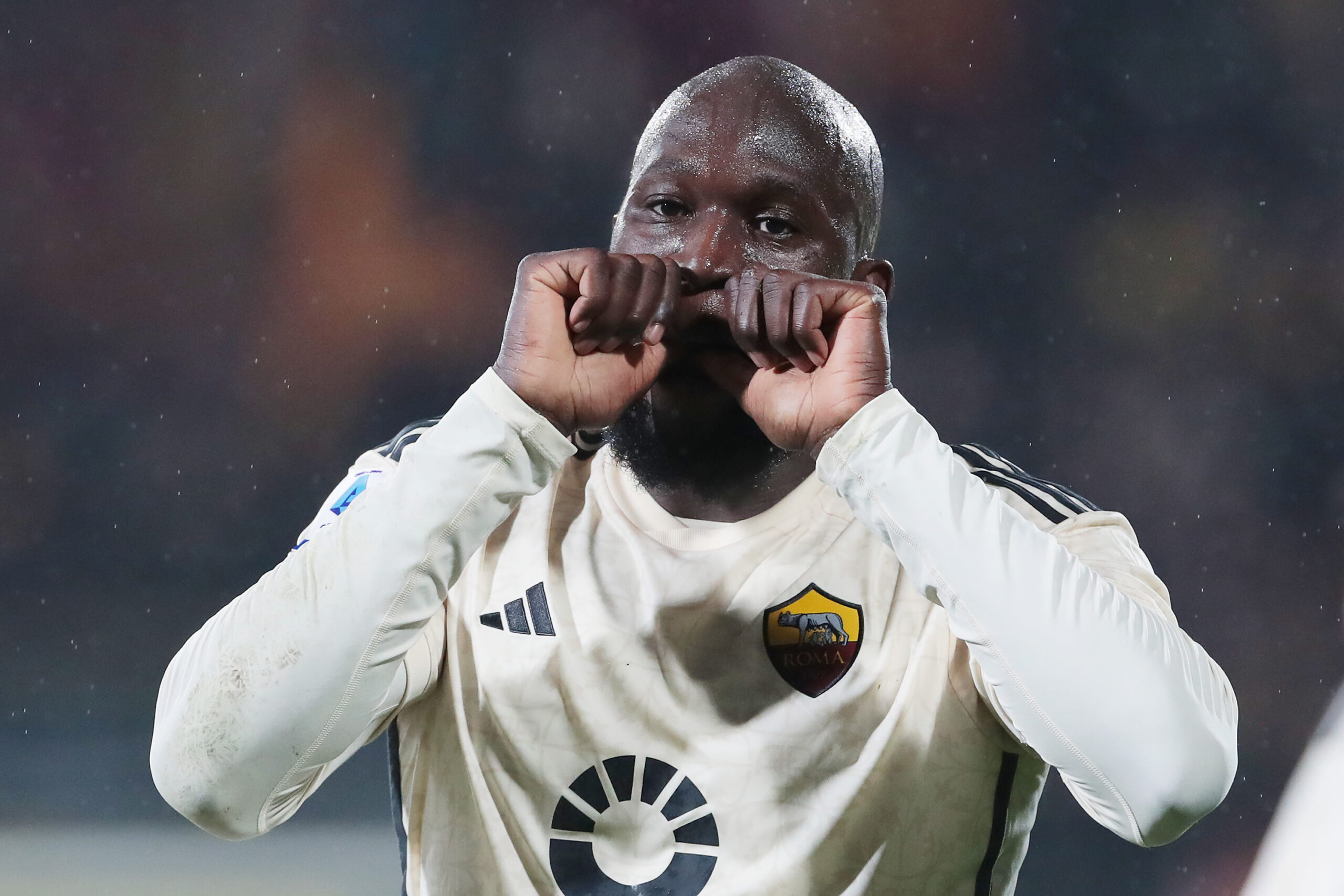 Chelsea striker Romelu Lukaku, on loan with Roma, celebrates scoring his team's second goal during the Serie A TIM match between AC Monza and AS Roma - Serie A TIM at the U-Power Stadium on March 02, 2024 in Monza, Italy.