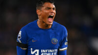 Thiago Silva of Chelsea reacts during the Premier League match between Chelsea FC and Arsenal FC at Stamford Bridge on October 21, 2023 in London, England.