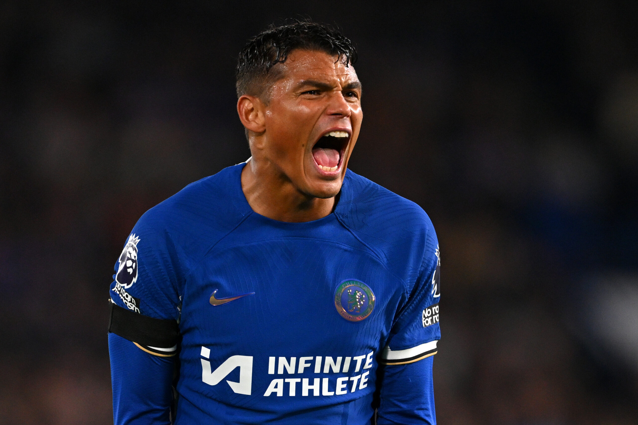 Thiago Silva of Chelsea reacts during the Premier League match between Chelsea FC and Arsenal FC at Stamford Bridge on October 21, 2023 in London, England.