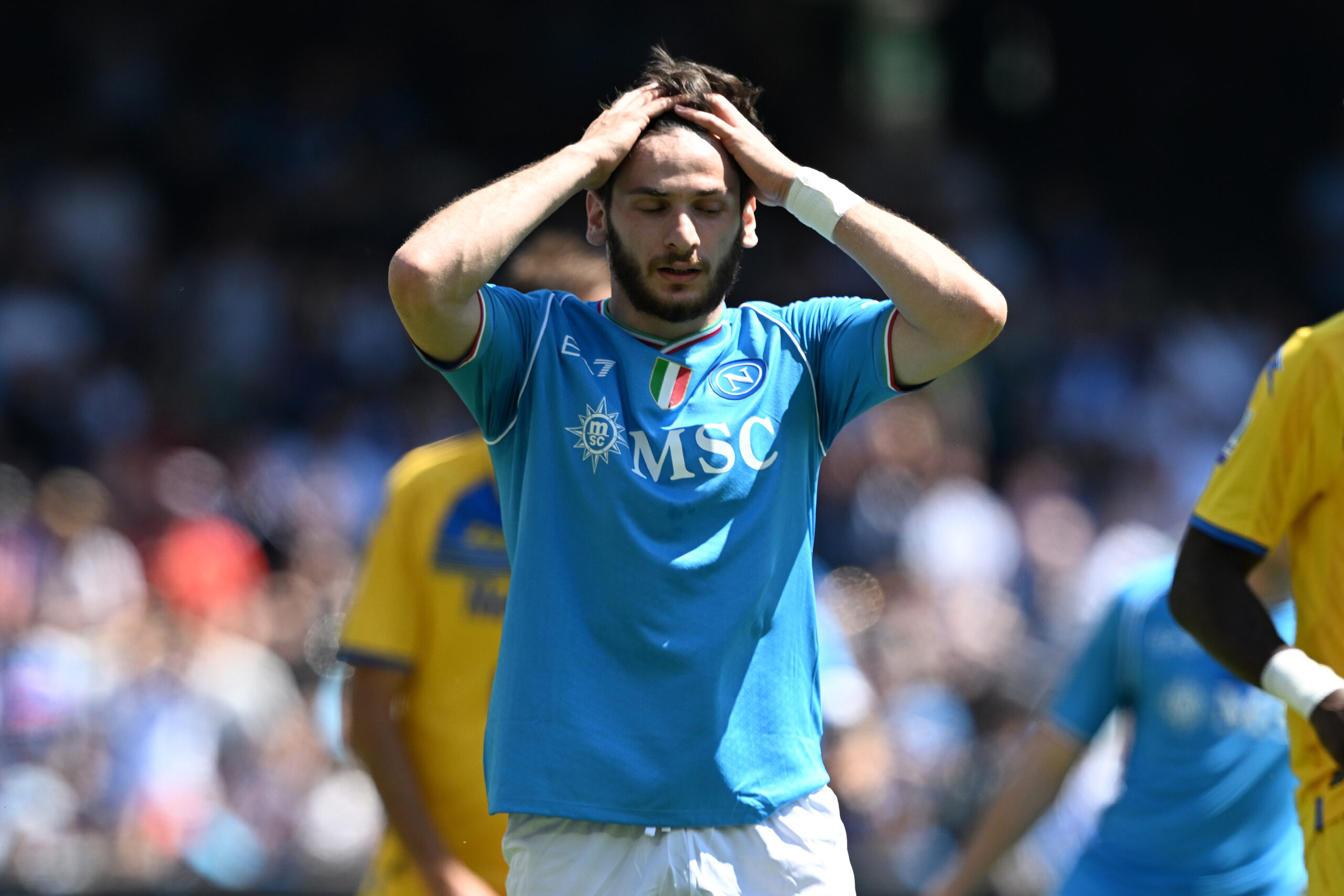 Khvicha Kvaratskhelia of SSC Napoli shows his disappointment during the Serie A TIM match between SSC Napoli and Frosinone Calcio at Stadio Diego Armando Maradona on April 14, 2024 in Naples, Italy.