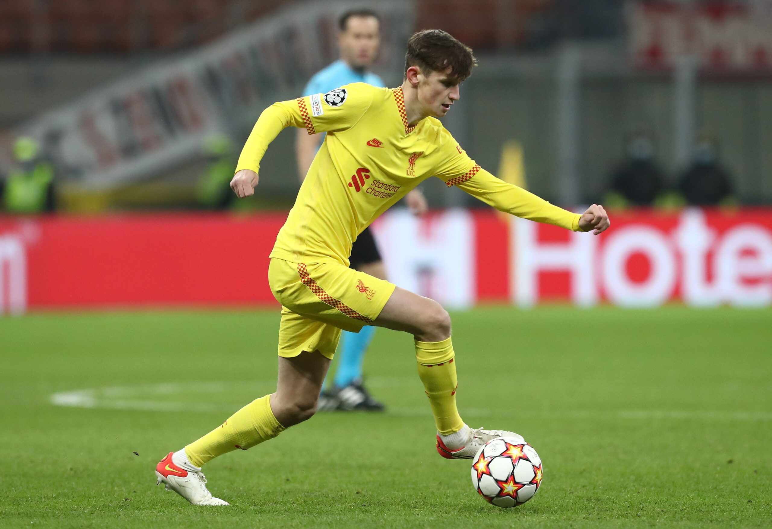 Tyler Morton of Liverpool FC in action during the UEFA Champions League group B match between AC Milan and Liverpool FC at Giuseppe Meazza Stadium on December 07, 2021 in Milan, Italy.