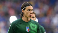 Bologna defender Riccardo Calafiori in action for Italy at Euro 2024.