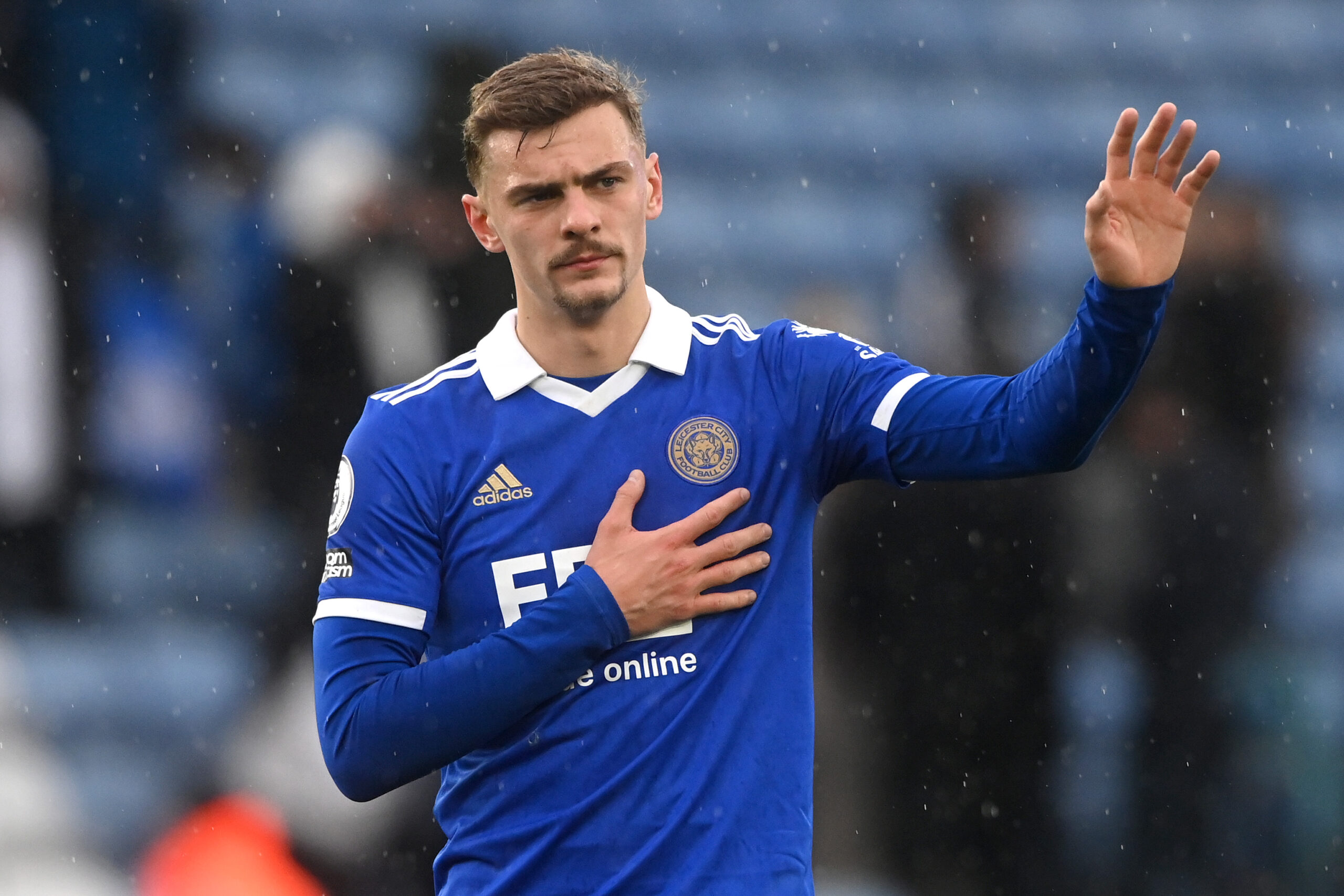 Kiernan Dewsbury-Hall of Leicester City acknowledges the fans after the team's defeat during the Premier League match between Leicester City and Chelsea FC at The King Power Stadium on March 11, 2023 in Leicester, England.
