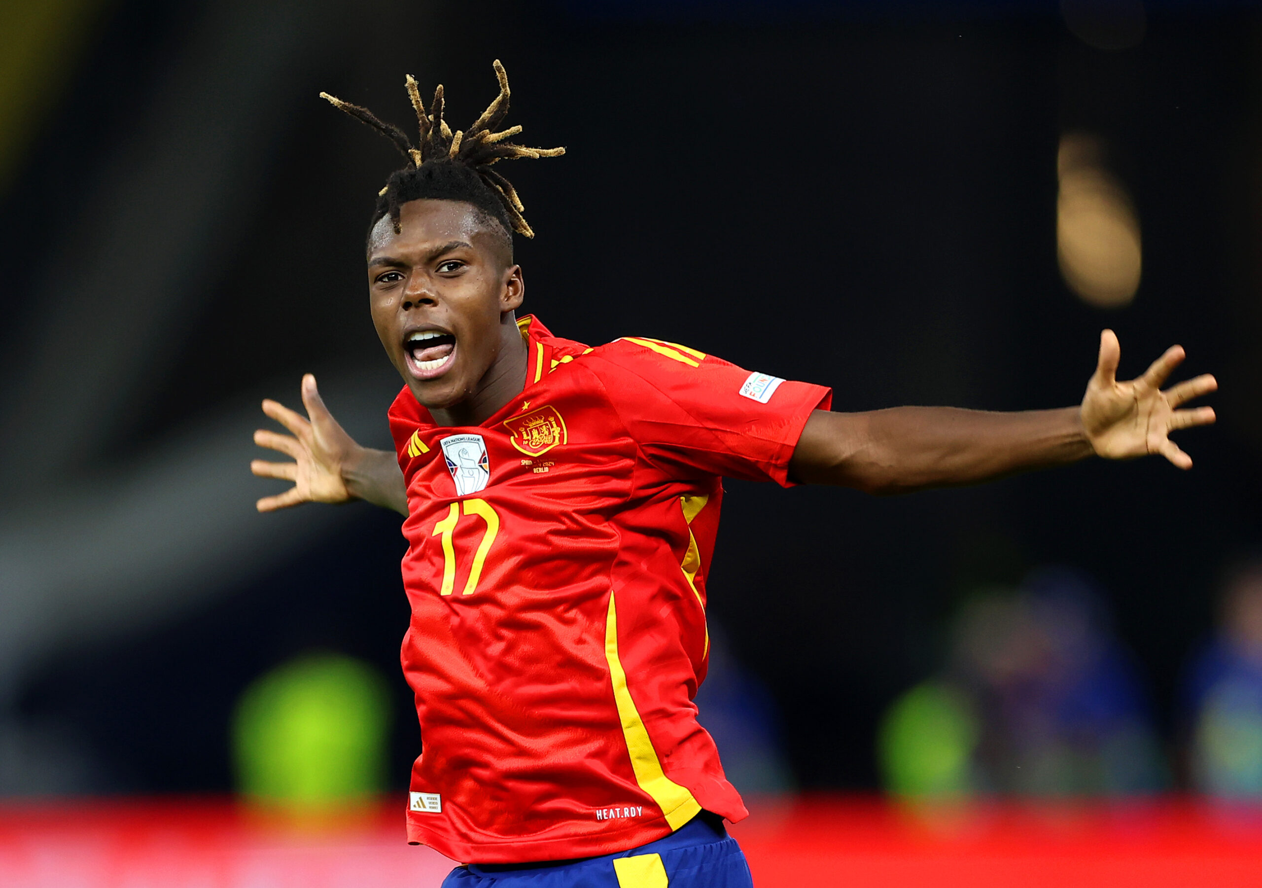 Nico Williams of Spain celebrates scoring his team's first goal during the UEFA EURO 2024 final match between Spain and England at Olympiastadion on July 14, 2024 in Berlin, Germany.