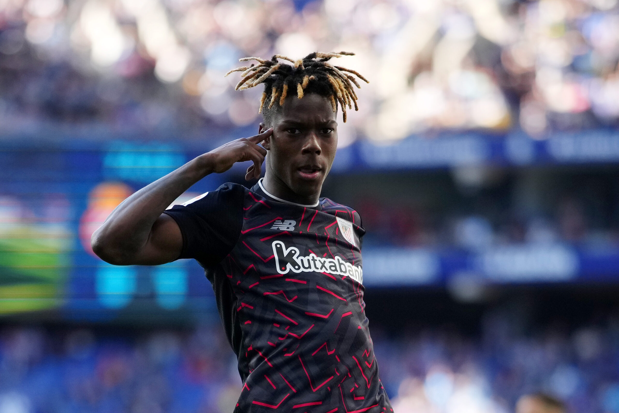 Nico Williams of Athletic Club celebrates after scoring the team's second goal during the LaLiga Santander match between RCD Espanyol and Athletic Club at RCDE Stadium on April 08, 2023 in Barcelona, Spain.